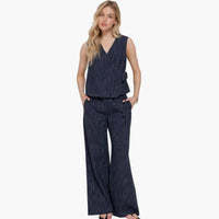 Sleeveless V-Neck Surplice Striped Cotton Top