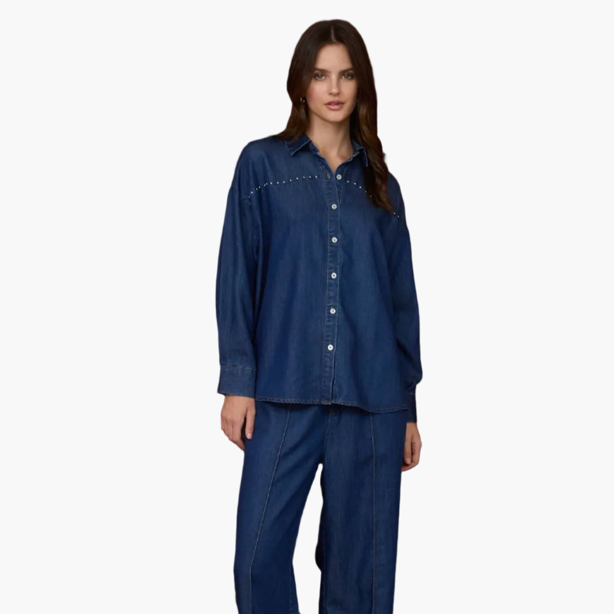 Collared Button Down Stud Detail Denim Shirt