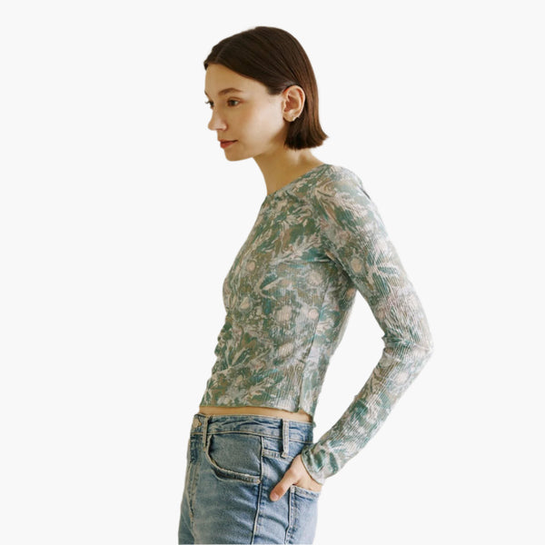 Leaves Print Crepe Long Sleeve Top
