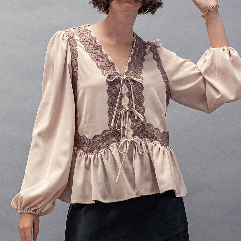 Romantic Lace Trim Tie Front Peplum Blouse