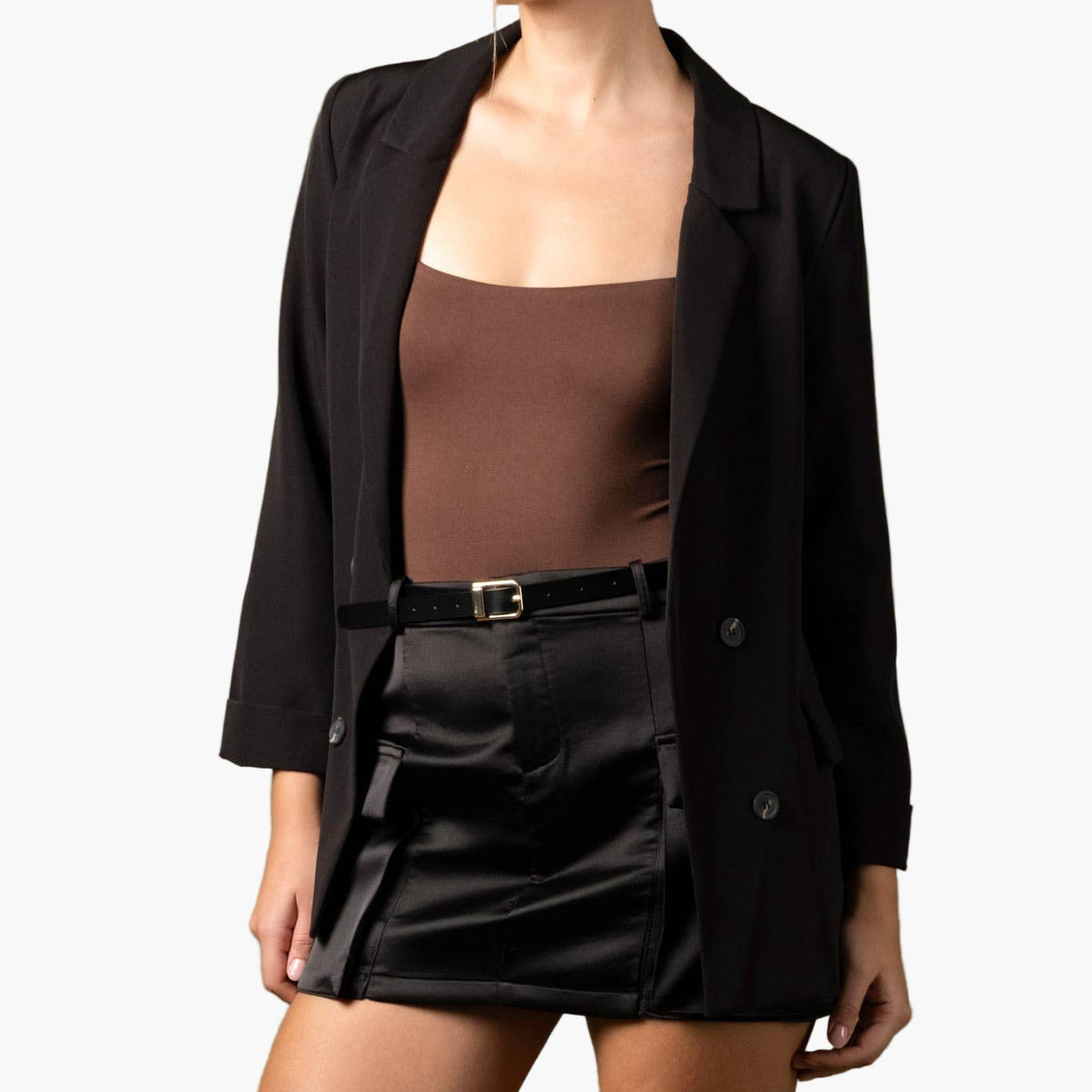 Black Solid Button Blazer