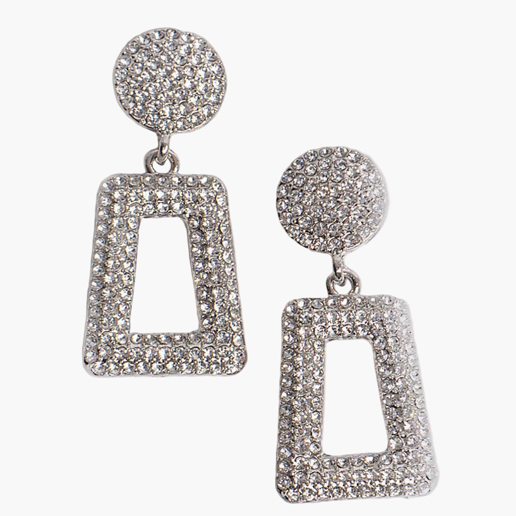 Silver Geometric Pave Stones Drop Earrings