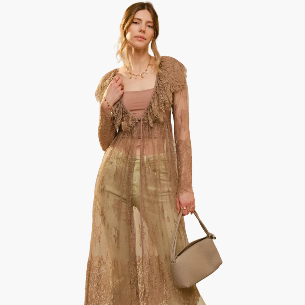 Long Ruffle Sheer Lace Duster