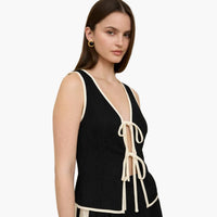 Contrast Trim Front Tie Linen Top