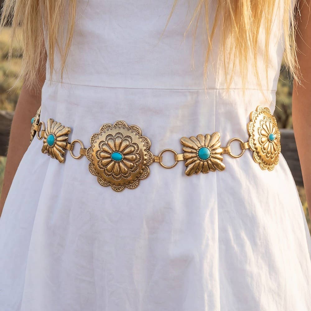 Gold Turquoise Western Round Concho Disc Chain Belt