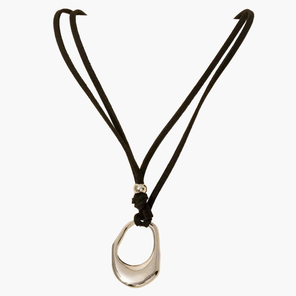Silver Hammered Oval Suede Black Cord Necklace