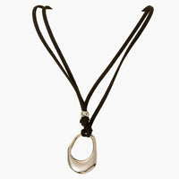 Silver Hammered Oval Suede Black Cord Necklace