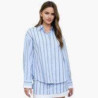 Blue Vertical Stripe Contrast Cuff Button Down Shirt