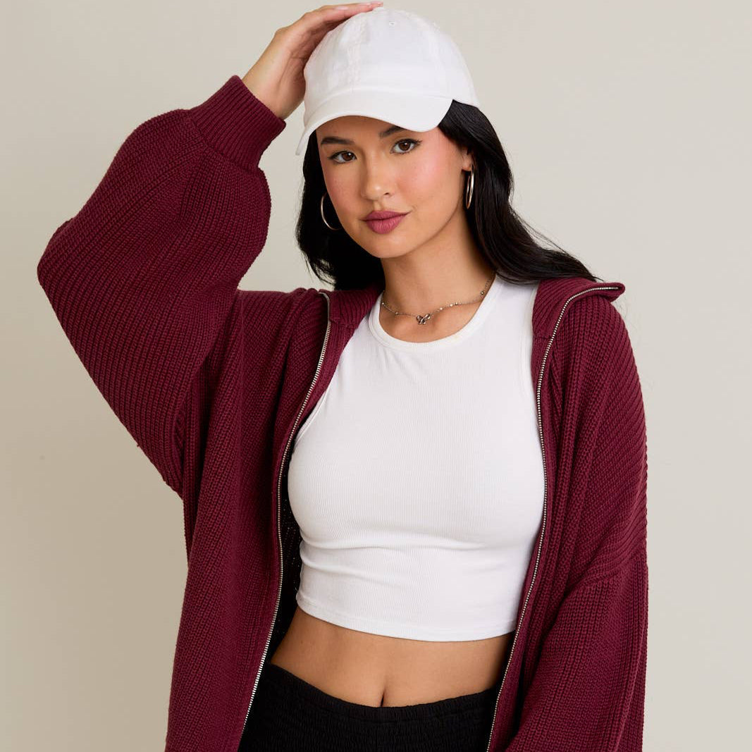 Burgundy Oversized Zip Up Sweater