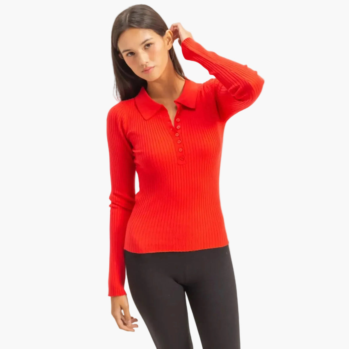 Red Ribbed Collared Button Front Top