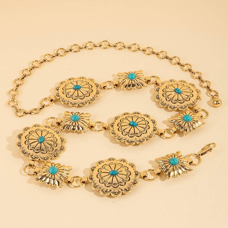 Gold Turquoise Western Round Concho Disc Chain Belt