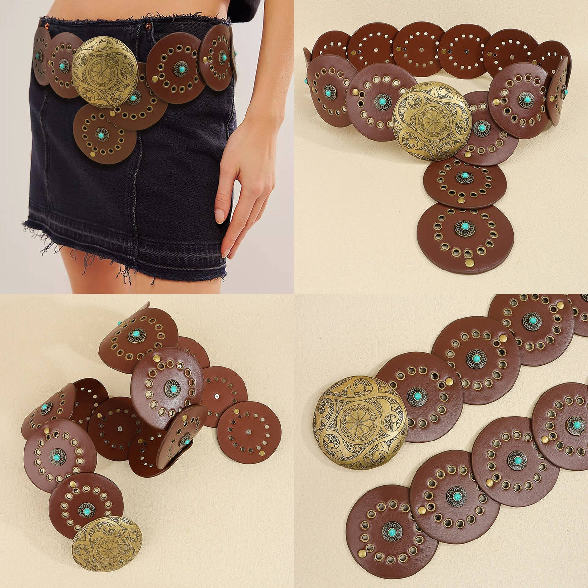 Brown Studded Circular Disc Snap-On Western Cowboy Belt