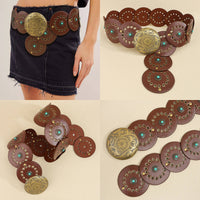 Brown Studded Circular Disc Snap-On Western Cowboy Belt