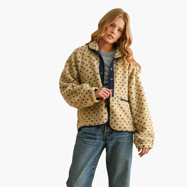 Beige Button Front Pattern Sherpa Jacket