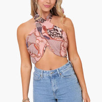 Scarf Print Halter Twist Crop Top