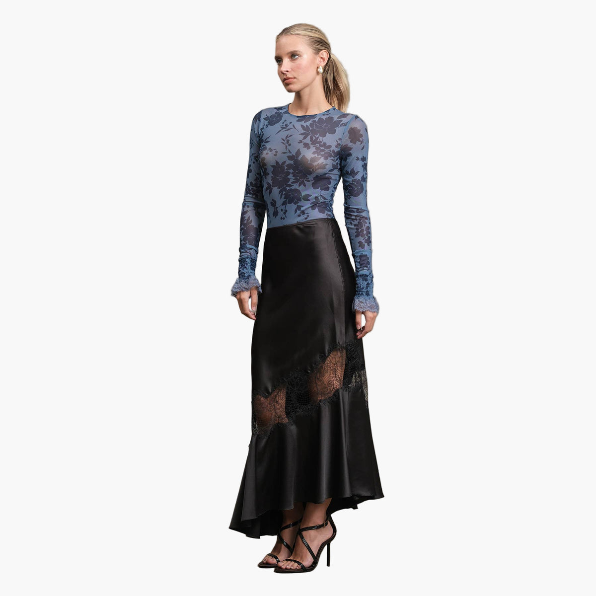Black Satin Bias Lace Panel Skirt