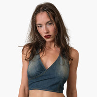 Vintage Wash Denim Halter Neck Top