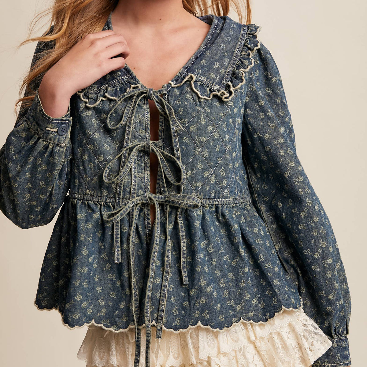 Ruffle Collar Tie-Front Denim Blouse