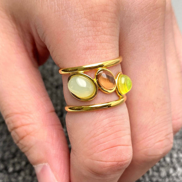 3 Color Gemstone 18K Gold Plated SS Adjustable Ring