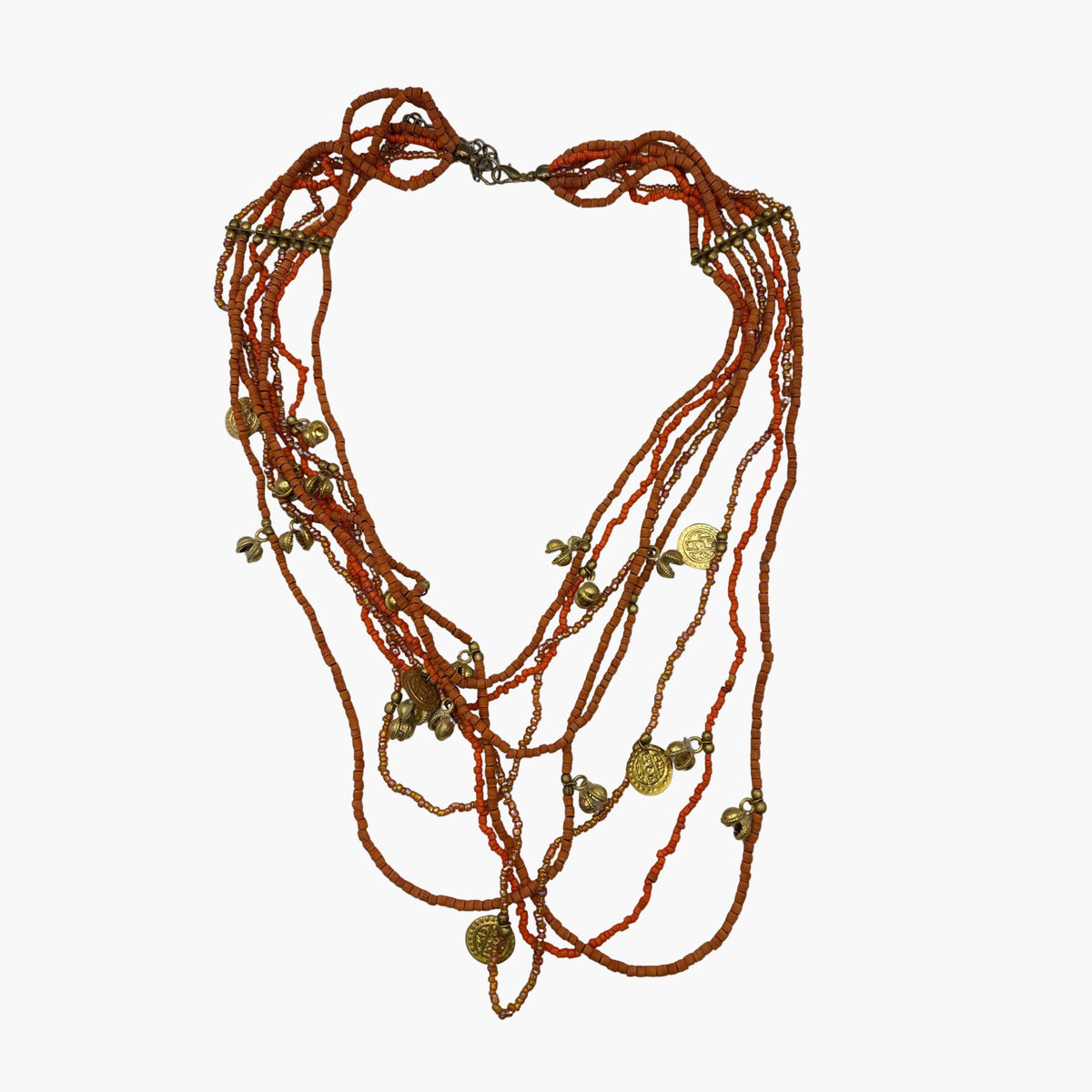 Boho Multi-Layer Orange Wood Beads Necklace W/Brass Charms
