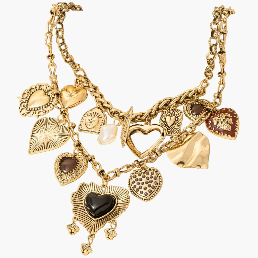 Assorted Pearl And Heart Charms Statement Necklace
