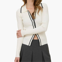 Ivory Collared Contrast Knit Cardigan