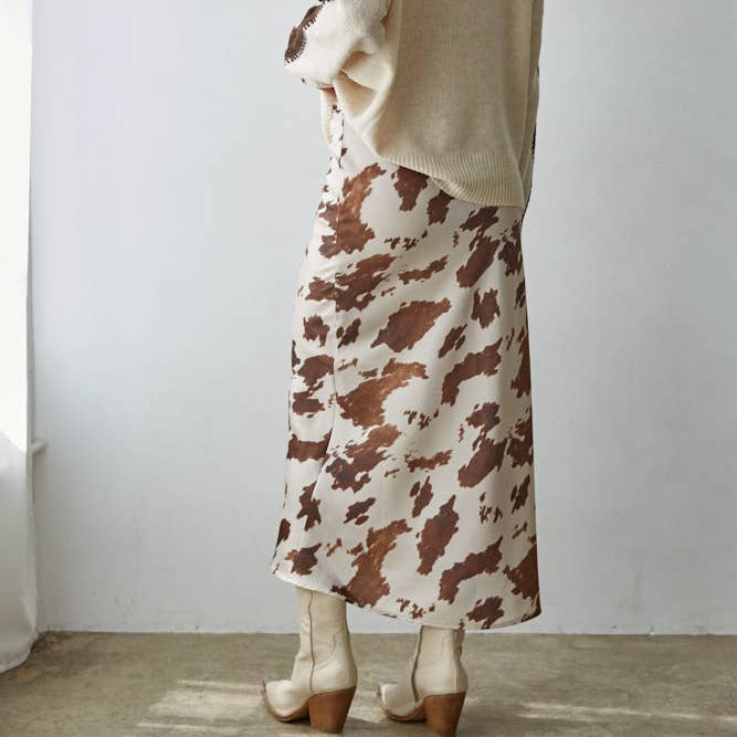 Woven Cow Print Satin Midi Skirt
