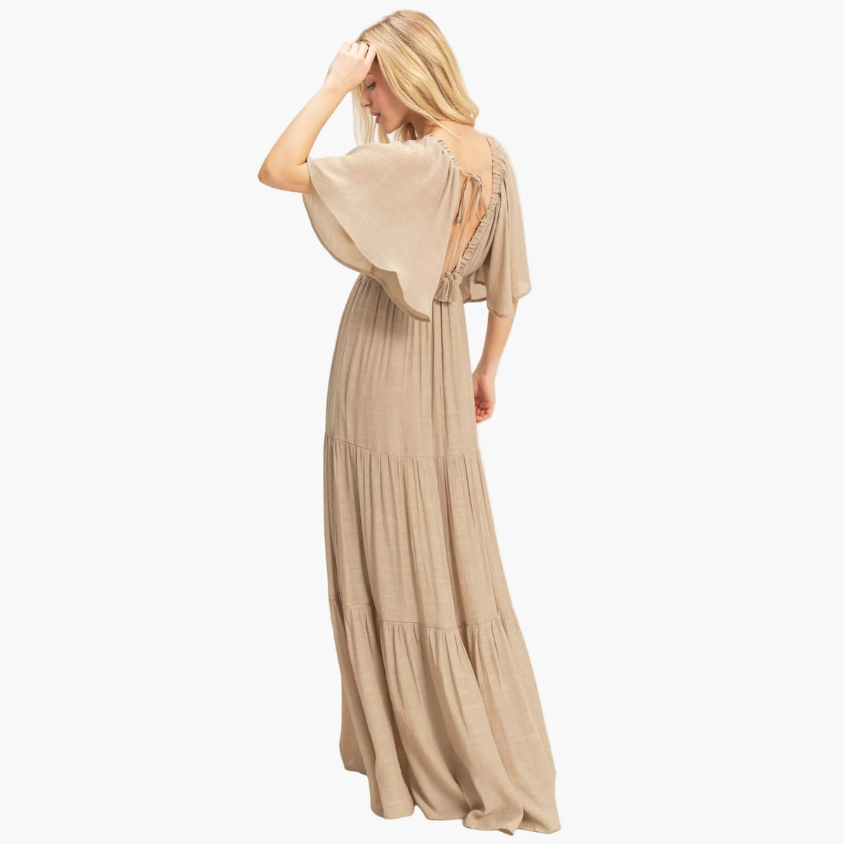 Taupe Flutter Sleeve Maxi Dress