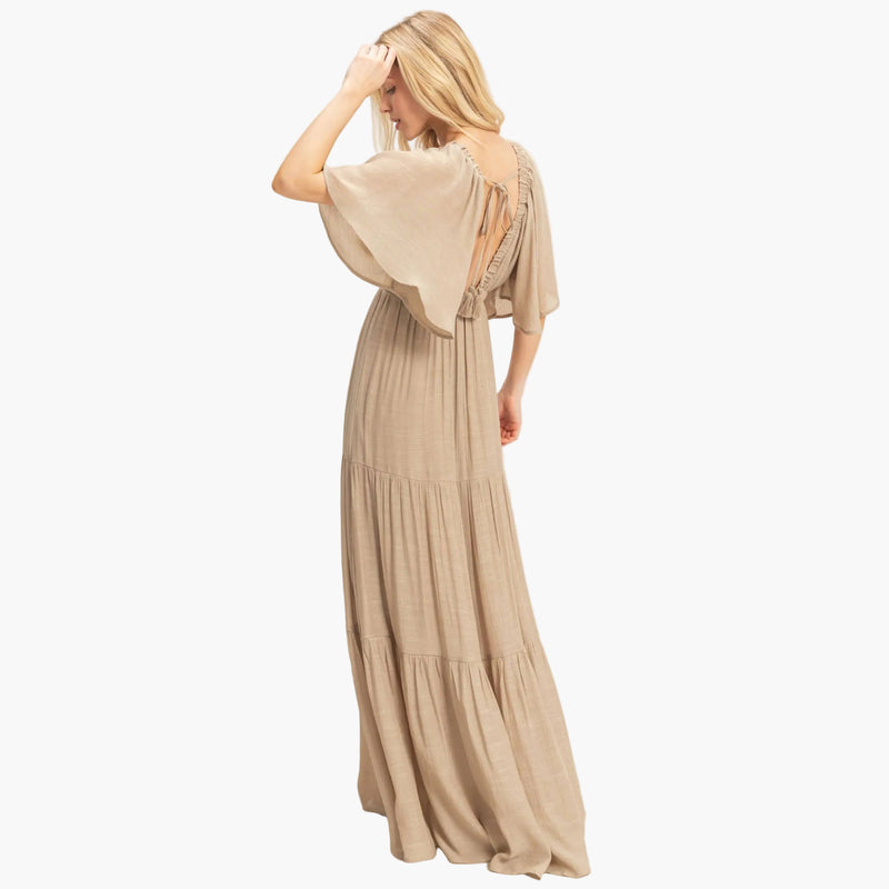 Taupe Flutter Sleeve Maxi Dress