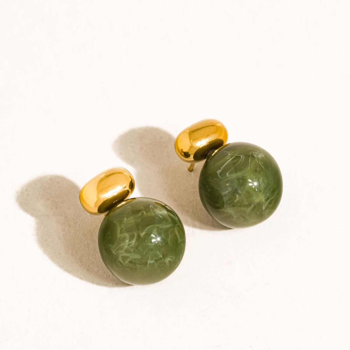 Velisse 18K Gold Plated Non-Tarnish Green Marble Ball Earrings