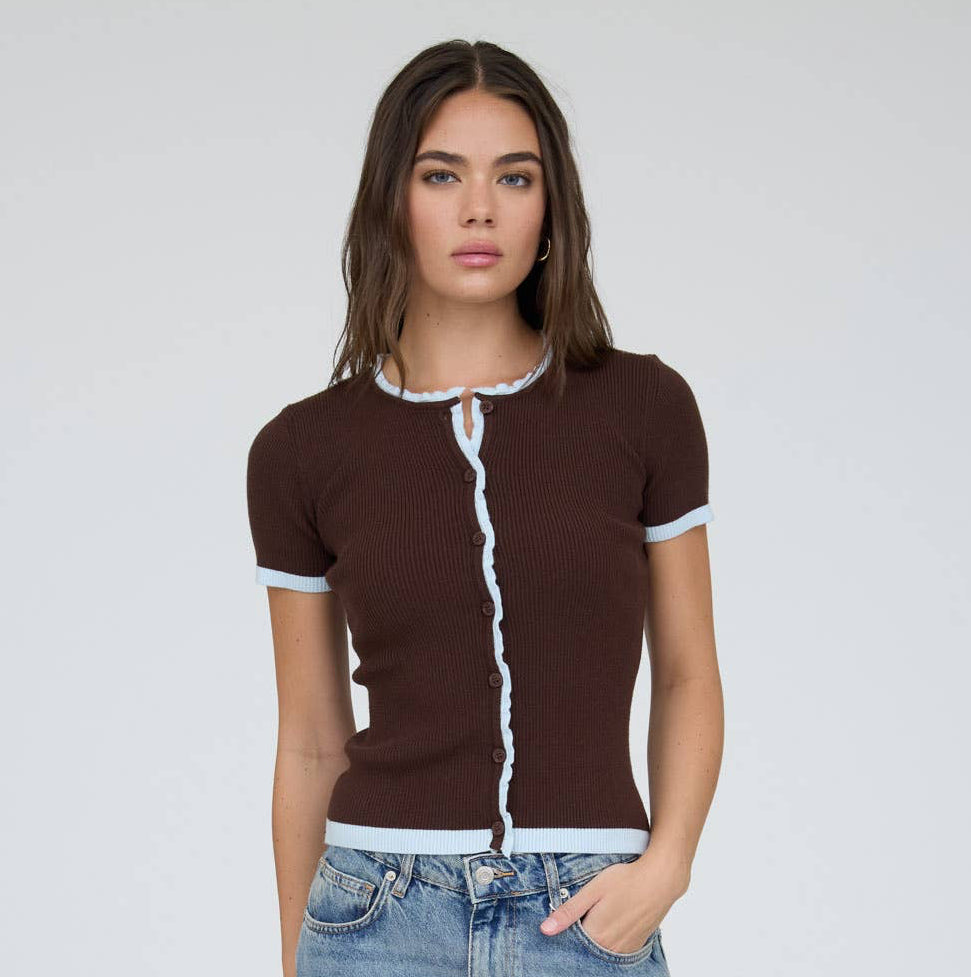 Brown Contrast Trim Short Sleeve Cardigan