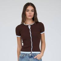 Brown Contrast Trim Short Sleeve Cardigan