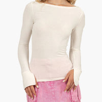 Cream Boat Neck Long Sleeve Top