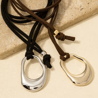Silver Hammered Oval Suede Black Cord Necklace