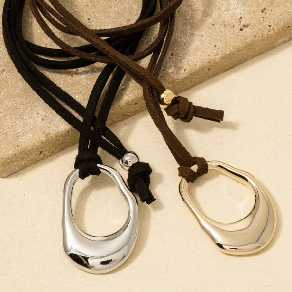 Silver Hammered Oval Suede Black Cord Necklace