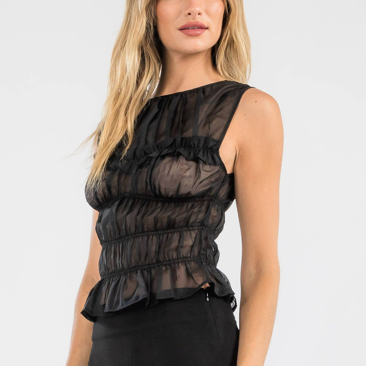 Rouched Organza Sleeveless Top