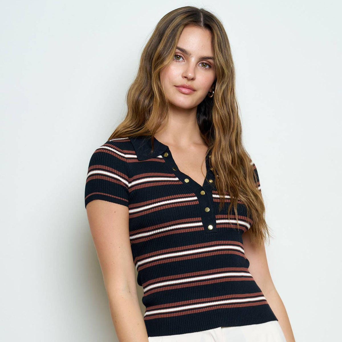 Black Multi Striped Collared Knit Top