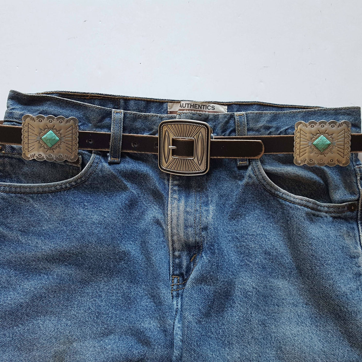 Western Genuine Distressed Leather Belt With Rectangular Conchos