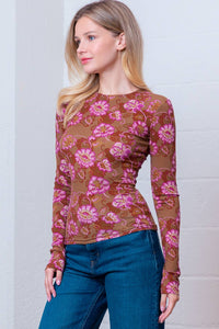 Brown Pink Floral Printed Long Sleeve Top
