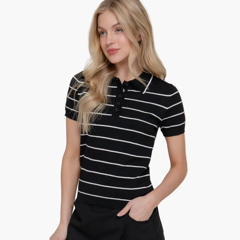 Short Sleeve Striped Polo Knit Top