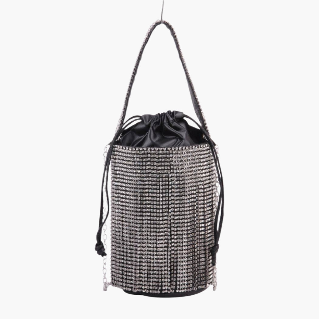 Black Rhinestone Fringe Drawstring Handbag