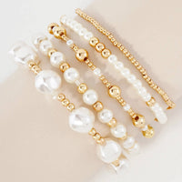 5PC-Set Skinny Metallic Beads Pearls Stackable Stretch Bracelets