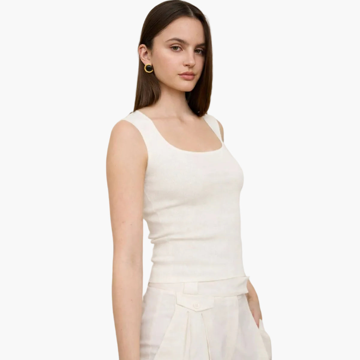 White Seamless Scoop Neck Knit Tank Top