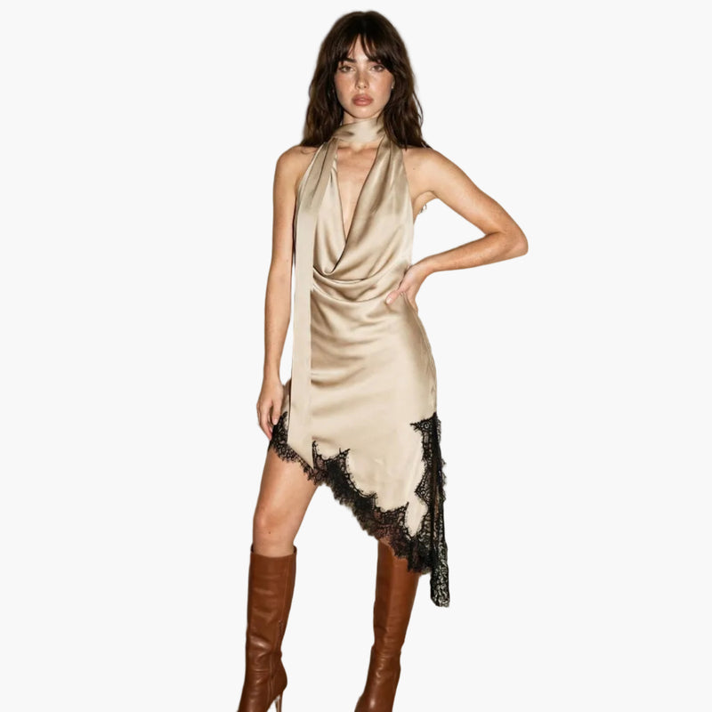 Satin Lace Trim Scarf Dress