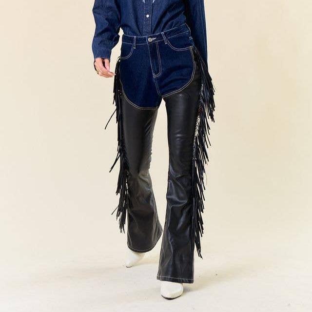 Dark Denim Fringe Chap Pants