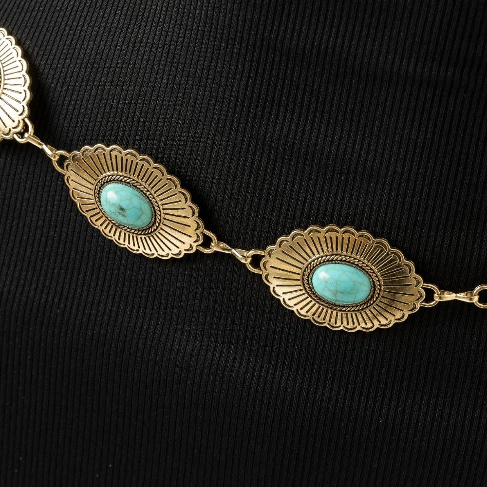 Western Turquoise Stud Gold Concho Chain Belt