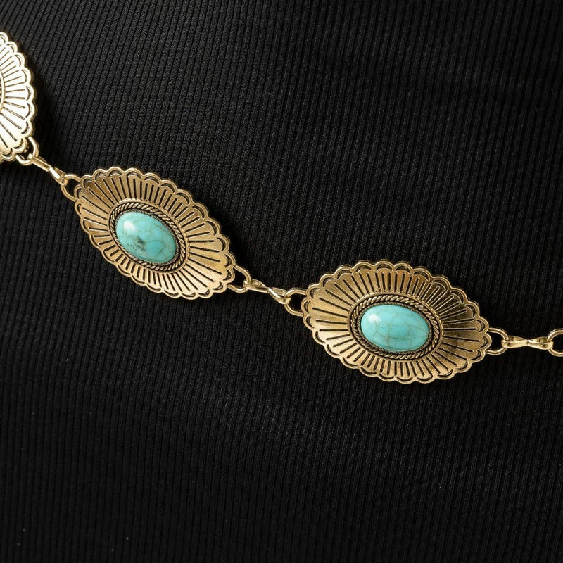 Western Turquoise Stud Gold Concho Chain Belt