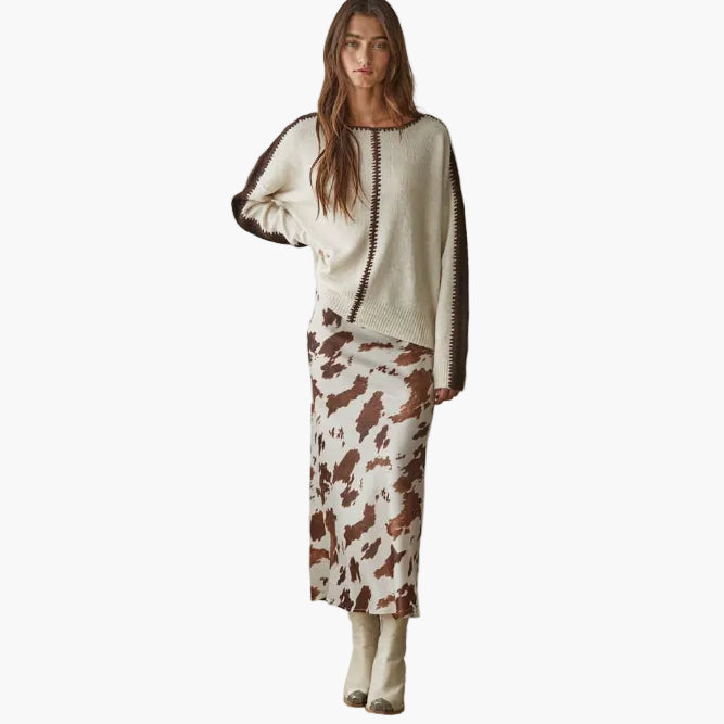 Woven Cow Print Satin Midi Skirt