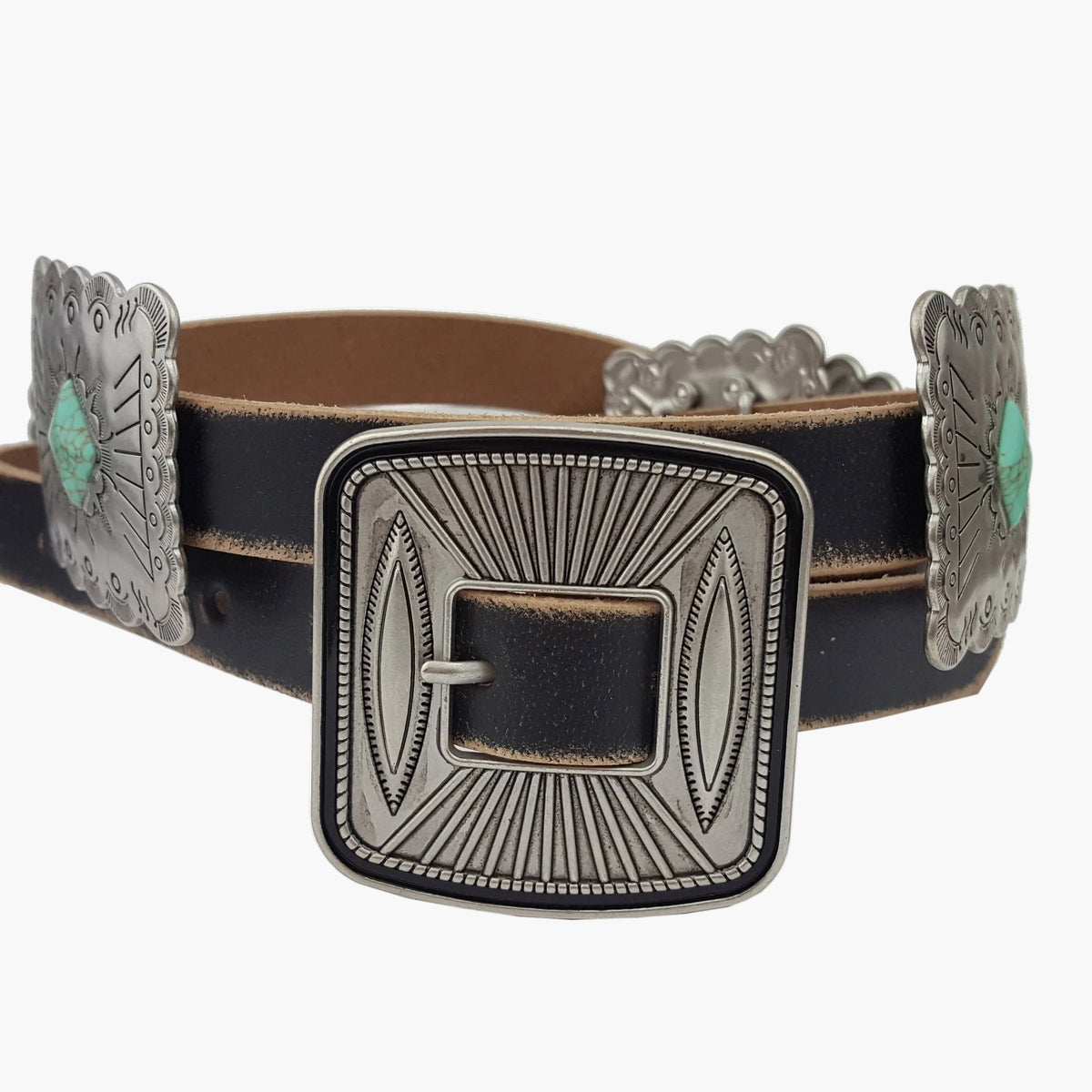 Western Genuine Distressed Leather Belt With Rectangular Conchos