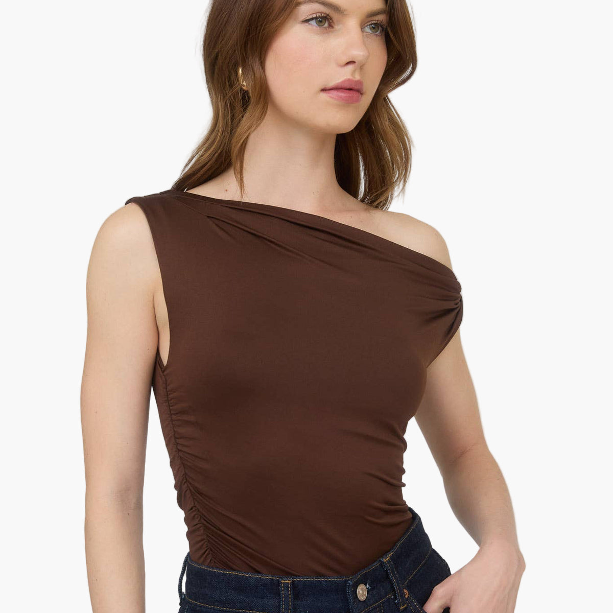 Chocolate Asymmetrical Twist Detail Knit Top